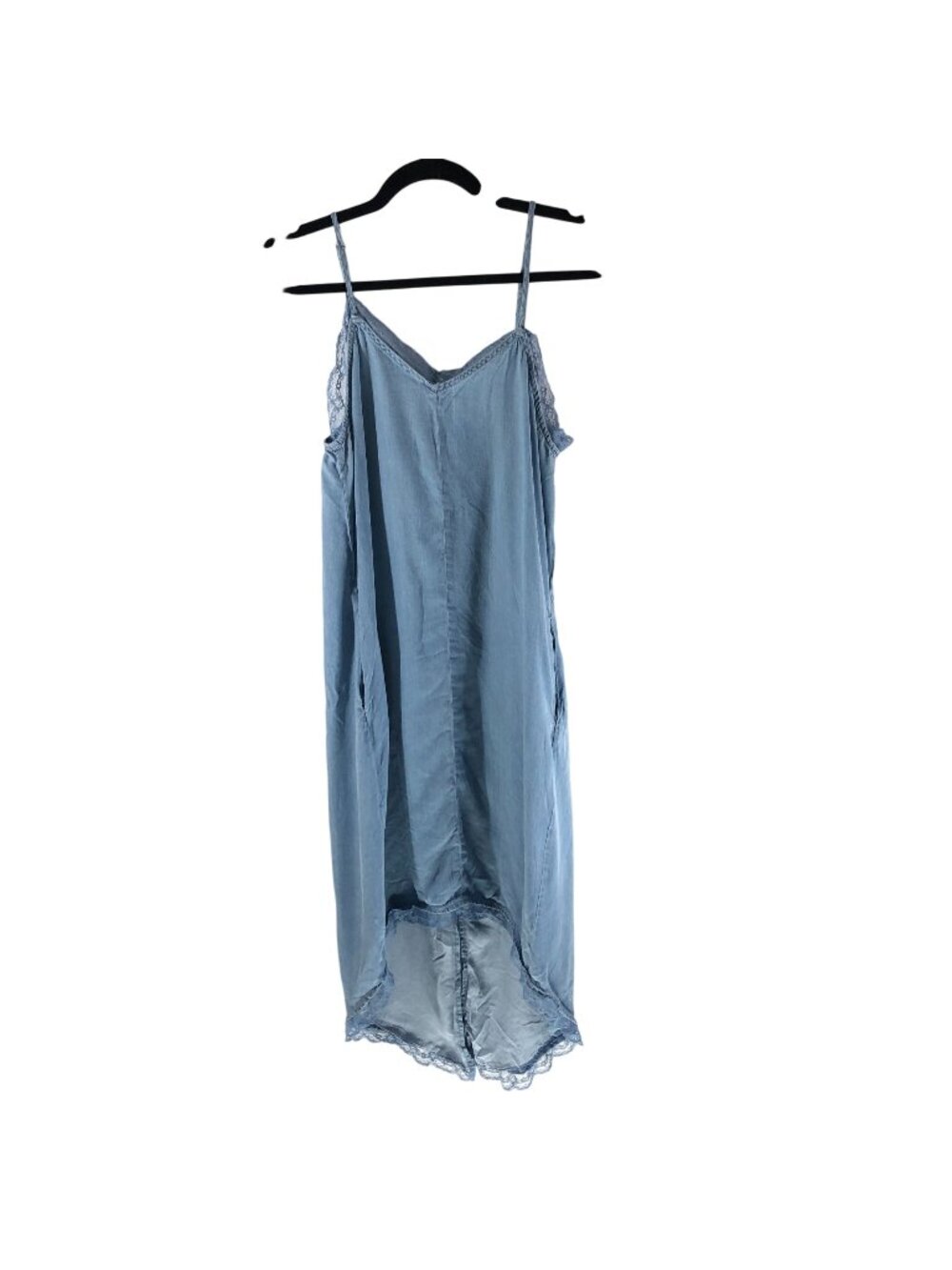 Rachel Roy Chambray Slip Dress Lace Trim Hi Low Hem Pockets Blue S - Picture 1 of 4